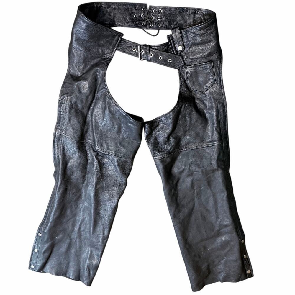 Biker’s Club Black Leather Motorcycle Chaps Size YKK zippers 3 snaps sturgis